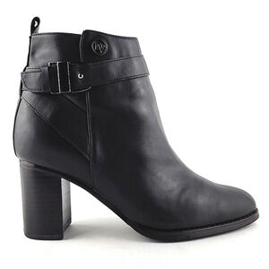 La Diva Black Faux  Leather Ankle Boots 3" Heel Strap Buckle Feature Size 7B